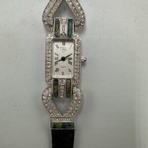Suzanne Somers Watch Women Silver Tone Crystal Bezel Art Deco Style New Battery